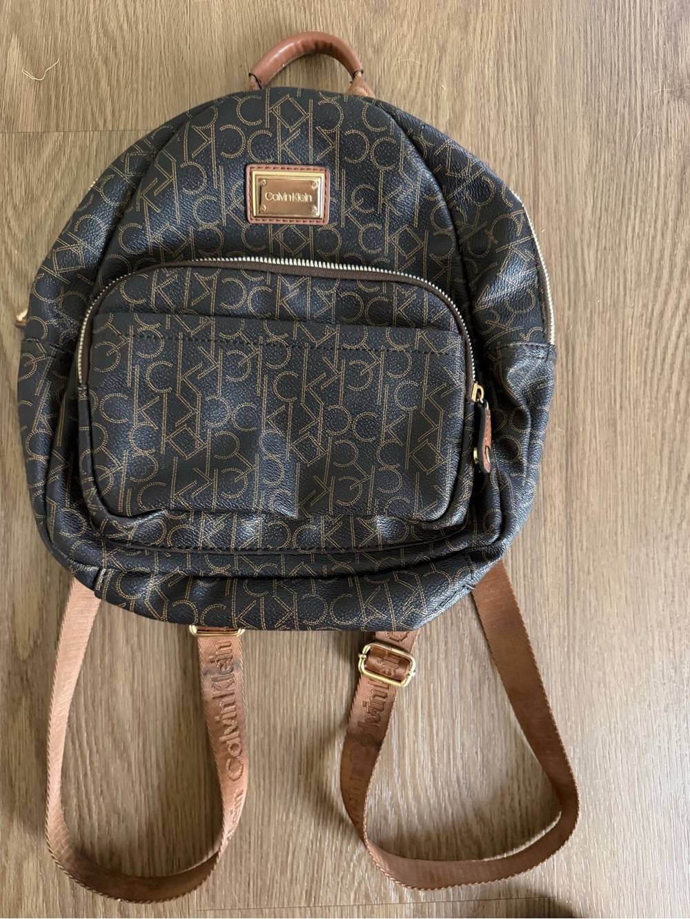 Calvin Klein Brown CK Monogram Mini Backpack Gold Logo Zip Bag